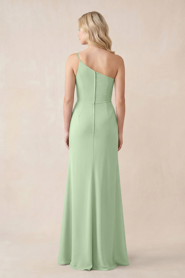 One - Shoulder Sheath Chiffon Ruched Bridesmaid Dress in Sage - KissProm Bridesmaid Dresses