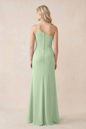One - Shoulder Sheath Chiffon Ruched Bridesmaid Dress in Sage - KissProm Bridesmaid Dresses