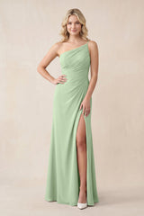 One - Shoulder Sheath Chiffon Ruched Bridesmaid Dress in Sage - KissProm Bridesmaid Dresses