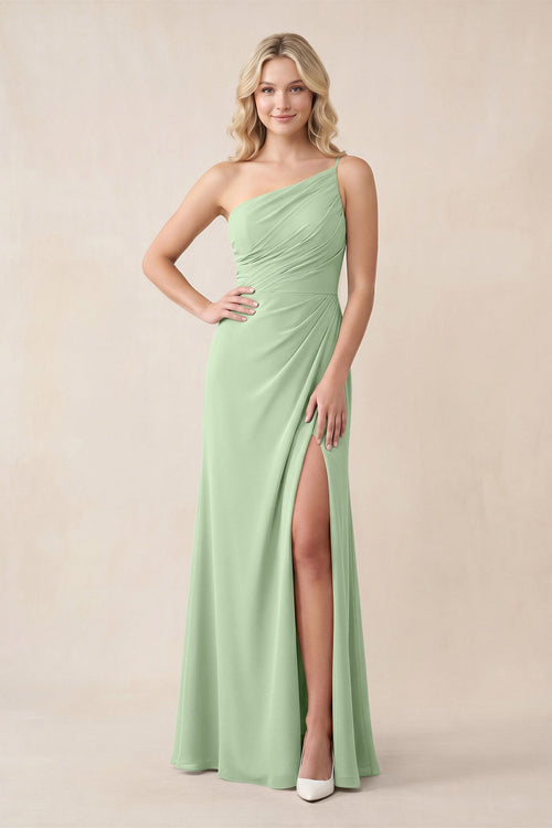 One - Shoulder Sheath Chiffon Ruched Bridesmaid Dress in Sage - KissProm Bridesmaid Dresses