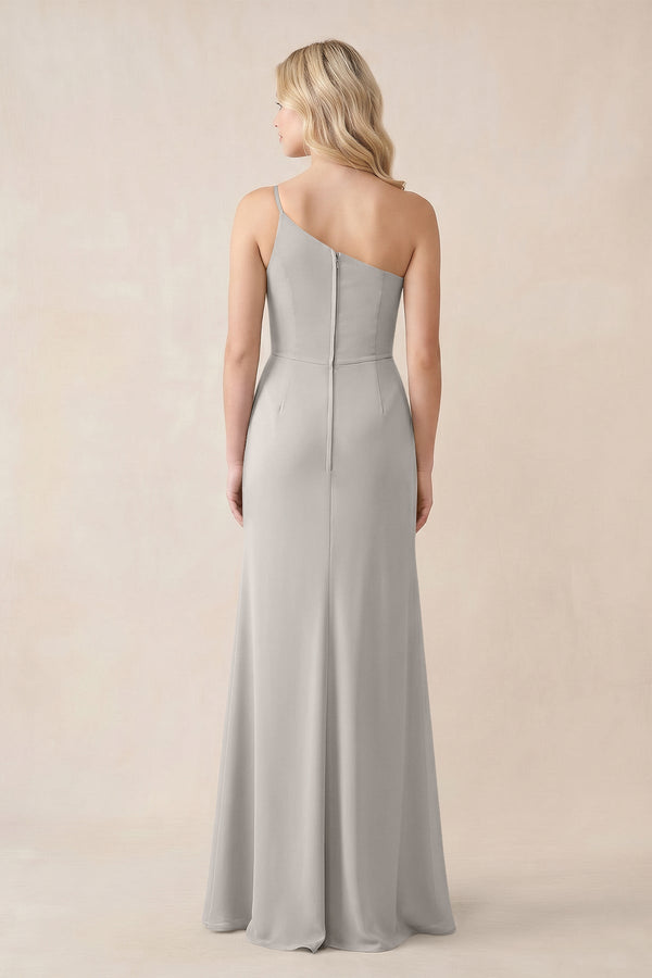One - Shoulder Sheath Chiffon Ruched Bridesmaid Dress in Silver - KissProm Bridesmaid Dresses