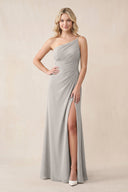 One - Shoulder Sheath Chiffon Ruched Bridesmaid Dress in Silver - KissProm Bridesmaid Dresses