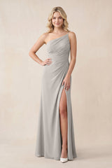 One - Shoulder Sheath Chiffon Ruched Bridesmaid Dress in Silver - KissProm Bridesmaid Dresses