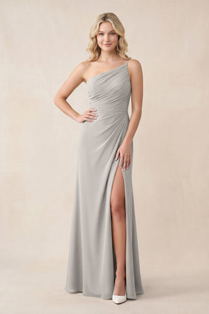 One - Shoulder Sheath Chiffon Ruched Bridesmaid Dress in Silver - KissProm Bridesmaid Dresses