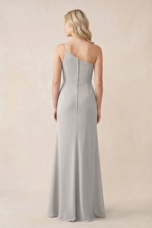 One - Shoulder Sheath Chiffon Ruched Bridesmaid Dress in Silver - KissProm Bridesmaid Dresses