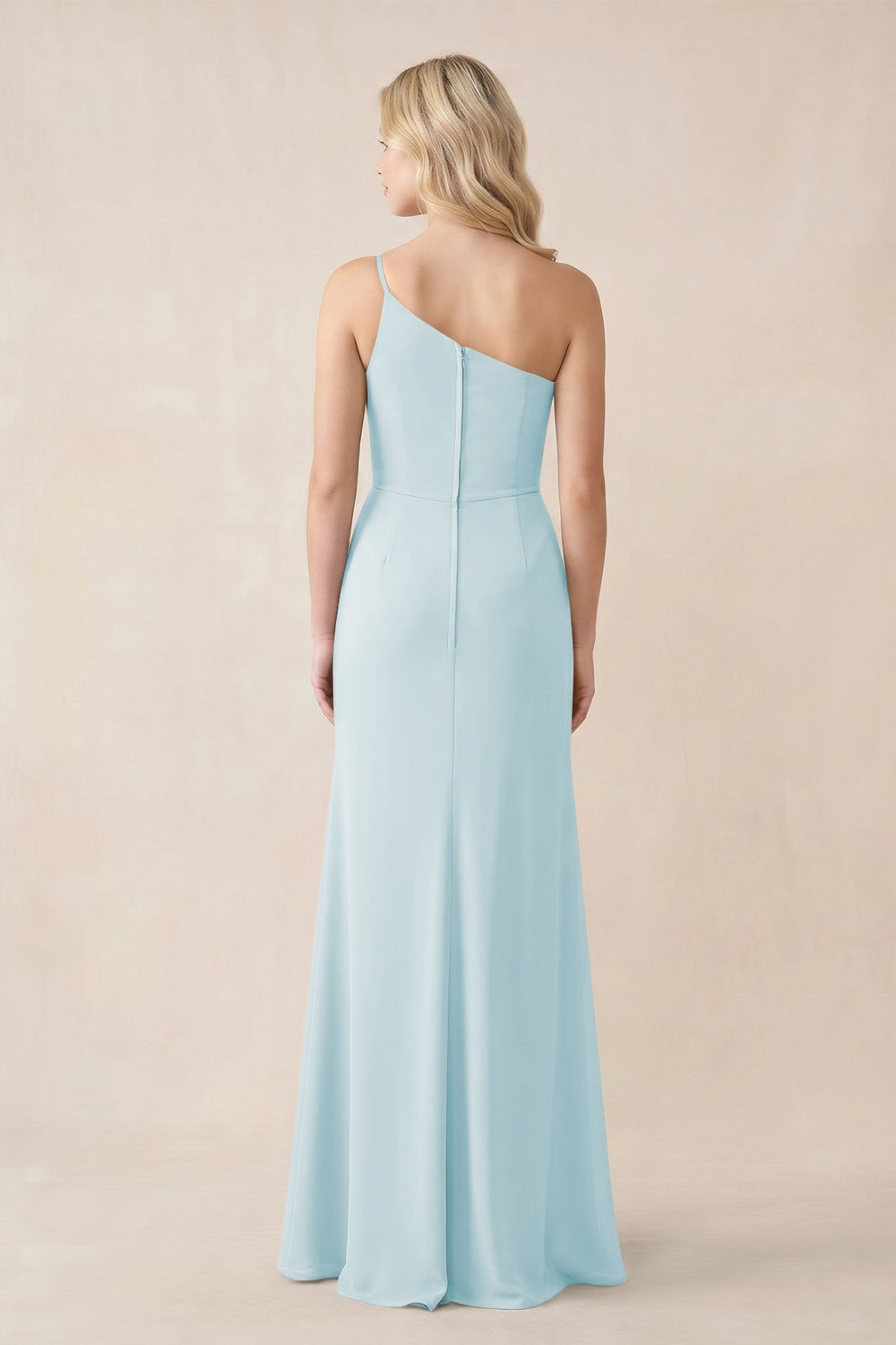 One - Shoulder Sheath Chiffon Ruched Bridesmaid Dress in Sky Blue - KissProm Bridesmaid Dresses