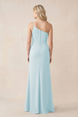One - Shoulder Sheath Chiffon Ruched Bridesmaid Dress in Sky Blue - KissProm Bridesmaid Dresses