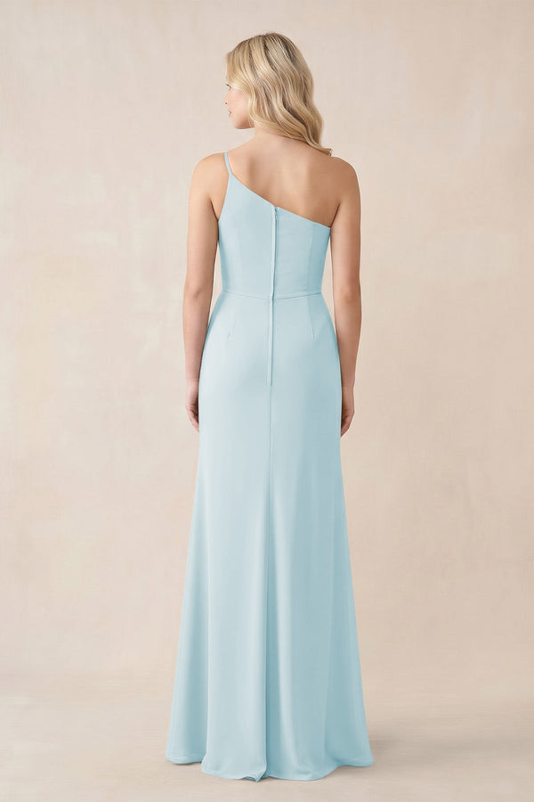 One - Shoulder Sheath Chiffon Ruched Bridesmaid Dress in Sky Blue - KissProm Bridesmaid Dresses