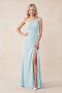 One - Shoulder Sheath Chiffon Ruched Bridesmaid Dress in Sky Blue - KissProm Bridesmaid Dresses