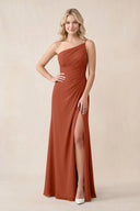 One - Shoulder Sheath Chiffon Ruched Bridesmaid Dress in Spice - KissProm Bridesmaid Dresses