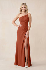 One - Shoulder Sheath Chiffon Ruched Bridesmaid Dress in Spice - KissProm Bridesmaid Dresses