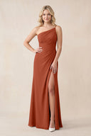 One - Shoulder Sheath Chiffon Ruched Bridesmaid Dress in Spice - KissProm Bridesmaid Dresses
