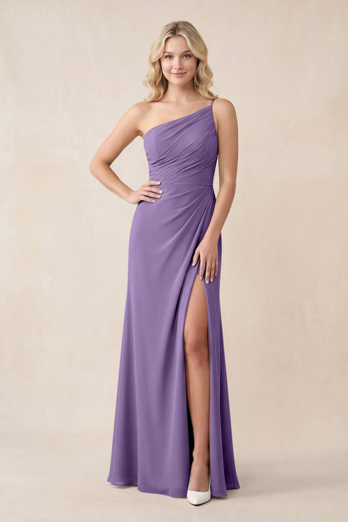 One - Shoulder Sheath Chiffon Ruched Bridesmaid Dress in Tahiti - KissProm Bridesmaid Dresses