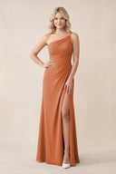 One - Shoulder Sheath Chiffon Ruched Bridesmaid Dress in Terracotta - KissProm Bridesmaid Dresses