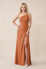 One - Shoulder Sheath Chiffon Ruched Bridesmaid Dress in Terracotta - KissProm Bridesmaid Dresses