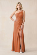 One - Shoulder Sheath Chiffon Ruched Bridesmaid Dress in Terracotta - KissProm Bridesmaid Dresses