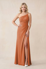 One - Shoulder Sheath Chiffon Ruched Bridesmaid Dress in Terracotta - KissProm Bridesmaid Dresses