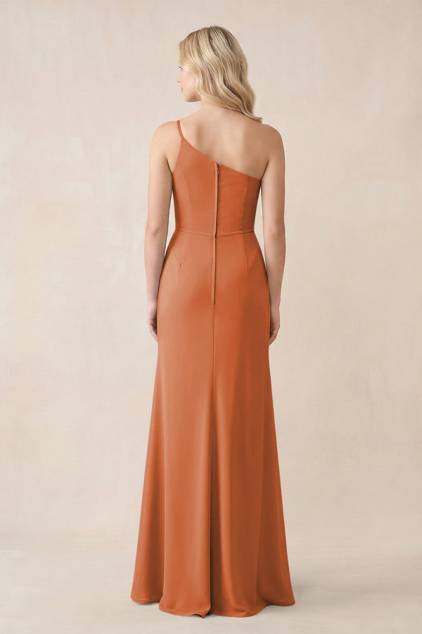 One - Shoulder Sheath Chiffon Ruched Bridesmaid Dress in Terracotta - KissProm Bridesmaid Dresses