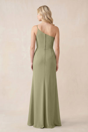 Amelra| One-Shoulder Sheath Chiffon Ruched Bridesmaid Dress in Thyme