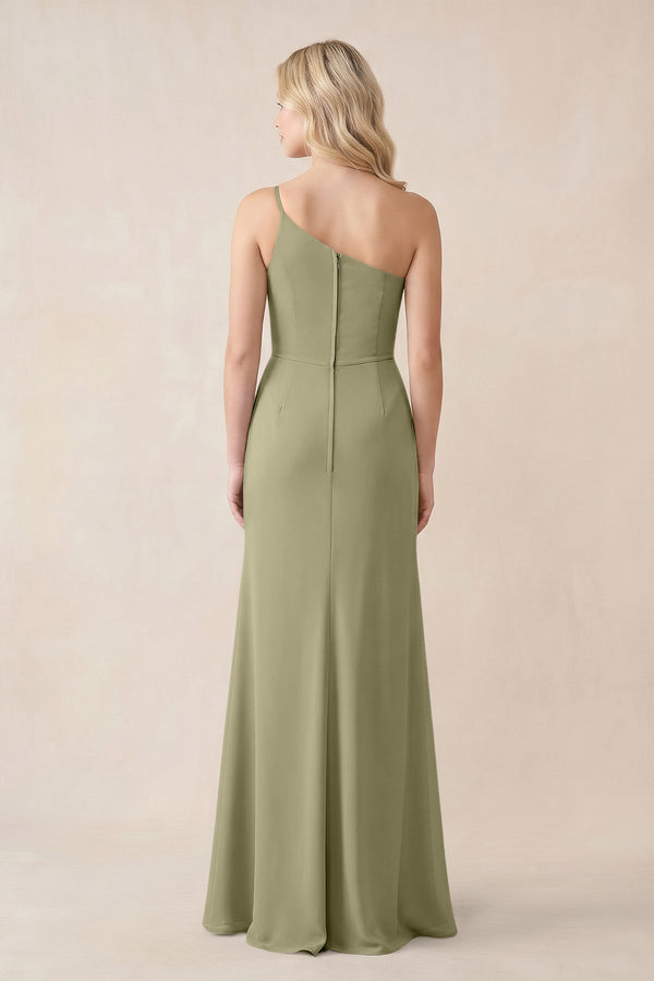 Amelra| One-Shoulder Sheath Chiffon Ruched Bridesmaid Dress in Thyme