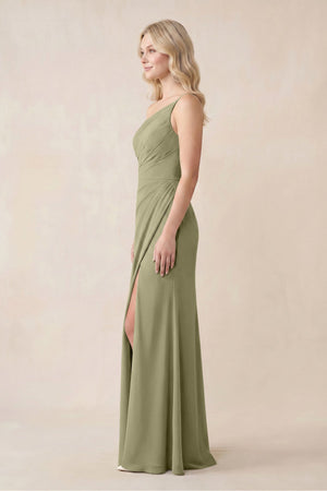 Amelra| One-Shoulder Sheath Chiffon Ruched Bridesmaid Dress in Thyme