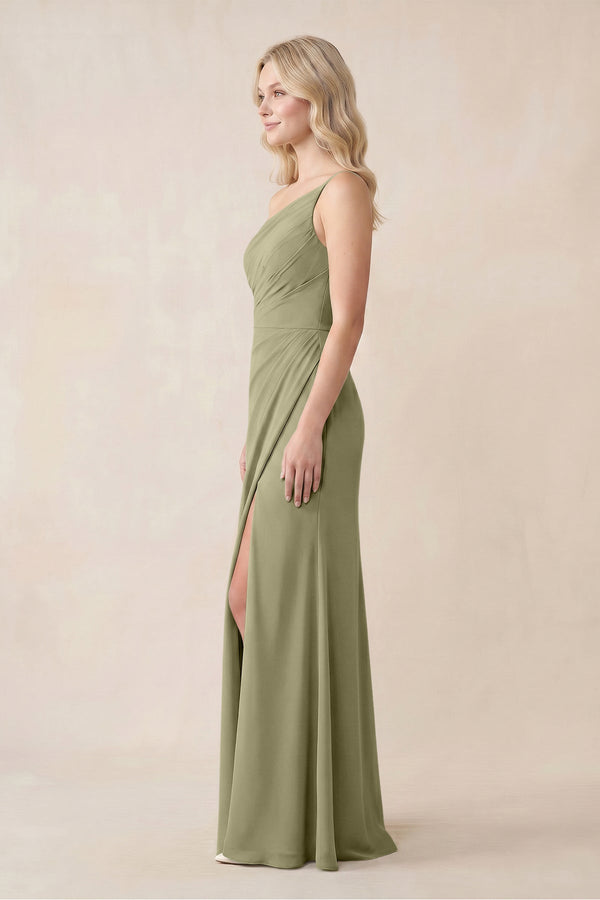 Amelra| One-Shoulder Sheath Chiffon Ruched Bridesmaid Dress in Thyme