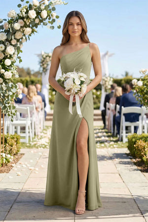 Amelra| One-Shoulder Sheath Chiffon Ruched Bridesmaid Dress in Thyme