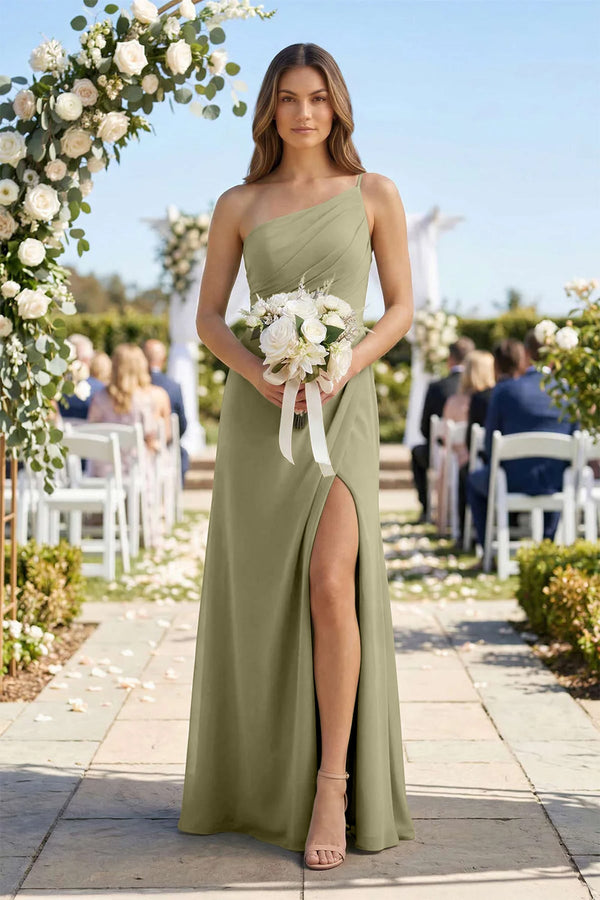 Amelra| One-Shoulder Sheath Chiffon Ruched Bridesmaid Dress in Thyme