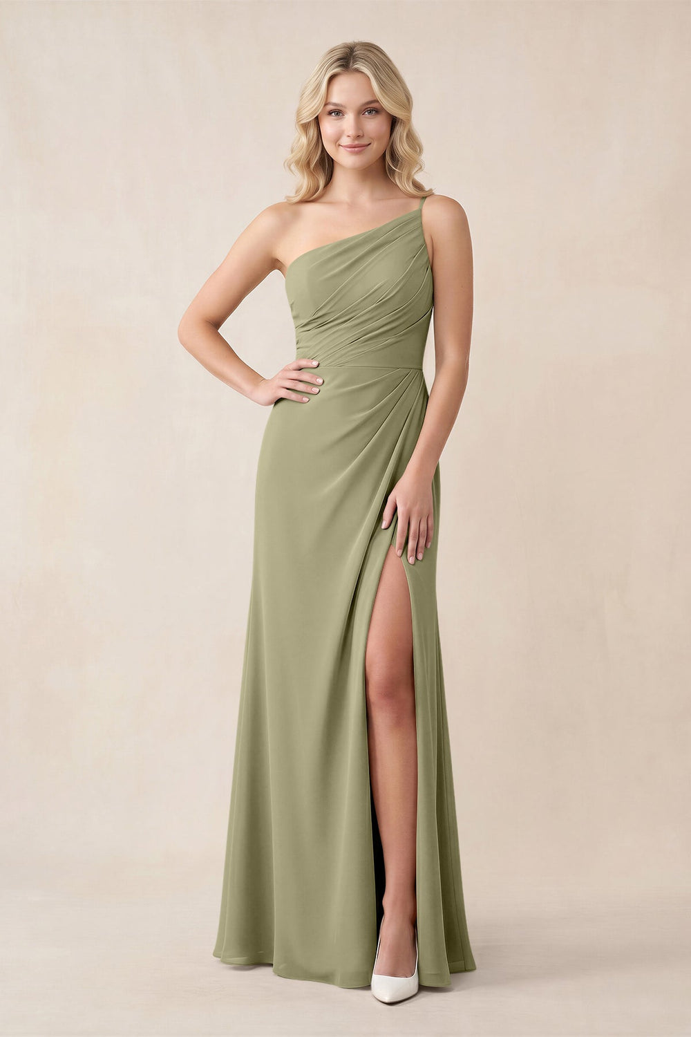 Amelra| One-Shoulder Sheath Chiffon Ruched Bridesmaid Dress in Thyme