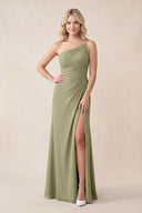 Amelra| One-Shoulder Sheath Chiffon Ruched Bridesmaid Dress in Thyme