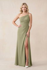 Amelra| One-Shoulder Sheath Chiffon Ruched Bridesmaid Dress in Thyme