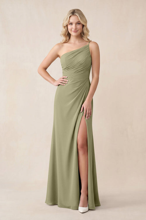 Amelra| One-Shoulder Sheath Chiffon Ruched Bridesmaid Dress in Thyme