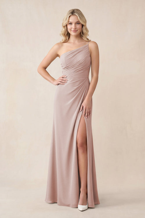 One - Shoulder Sheath Chiffon Ruched Bridesmaid Dress in Toffee - KissProm Bridesmaid Dresses