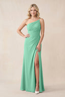 One - Shoulder Sheath Chiffon Ruched Bridesmaid Dress in Turquoise - KissProm Bridesmaid Dresses