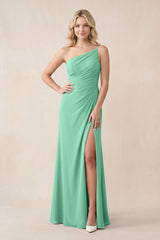 One - Shoulder Sheath Chiffon Ruched Bridesmaid Dress in Turquoise - KissProm Bridesmaid Dresses