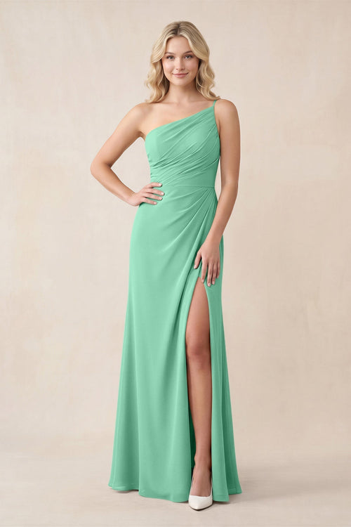 One - Shoulder Sheath Chiffon Ruched Bridesmaid Dress in Turquoise - KissProm Bridesmaid Dresses