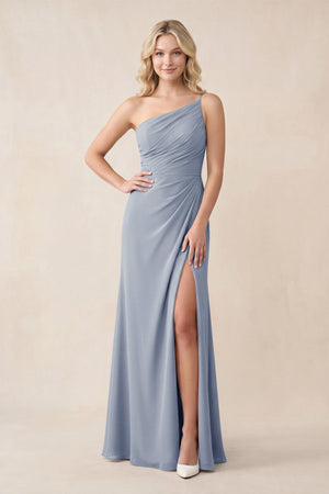 One - Shoulder Sheath Chiffon Ruched Bridesmaid Dress in Twilight - KissProm Bridesmaid Dresses