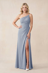 One - Shoulder Sheath Chiffon Ruched Bridesmaid Dress in Twilight - KissProm Bridesmaid Dresses