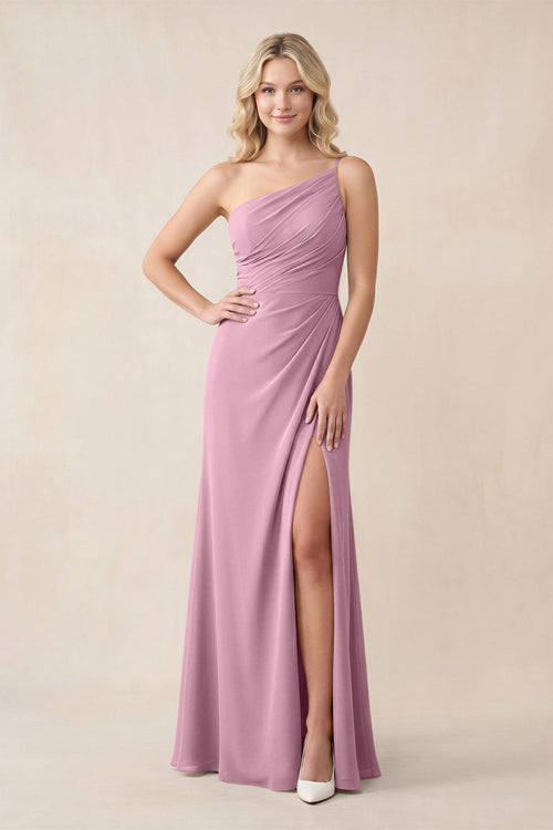 One - Shoulder Sheath Chiffon Ruched Bridesmaid Dress in Vintage Mauve - KissProm Bridesmaid Dresses