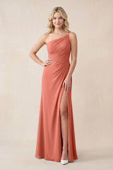 One - Shoulder Sheath Chiffon Ruched Bridesmaid Dress in Wild Rose - KissProm Bridesmaid Dresses