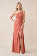 One - Shoulder Sheath Chiffon Ruched Bridesmaid Dress in Wild Rose - KissProm Bridesmaid Dresses