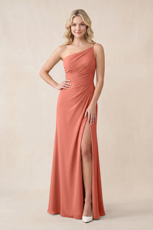 One - Shoulder Sheath Chiffon Ruched Bridesmaid Dress in Wild Rose - KissProm Bridesmaid Dresses