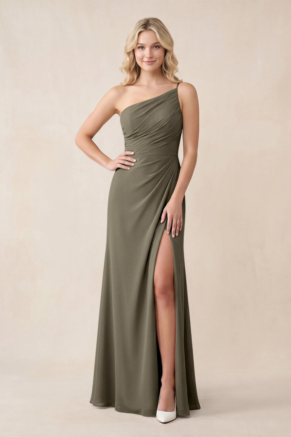 One - Shoulder Sheath Chiffon Ruched Bridesmaid Dress in Willow Green - KissProm Bridesmaid Dresses