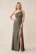 One - Shoulder Sheath Chiffon Ruched Bridesmaid Dress in Willow Green - KissProm Bridesmaid Dresses