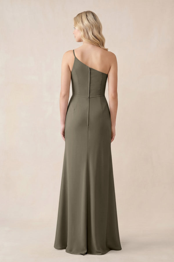 One - Shoulder Sheath Chiffon Ruched Bridesmaid Dress in Willow Green - KissProm Bridesmaid Dresses