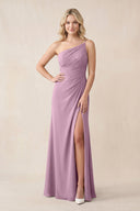 One - Shoulder Sheath Chiffon Ruched Bridesmaid Dress in Wisteria - KissProm Bridesmaid Dresses