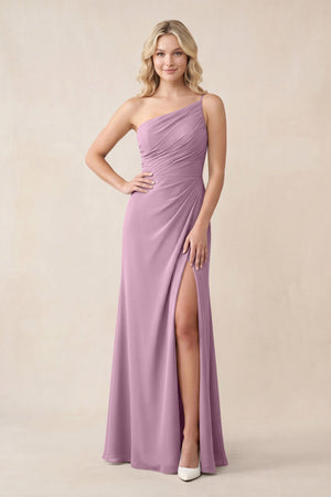 One - Shoulder Sheath Chiffon Ruched Bridesmaid Dress in Wisteria - KissProm Bridesmaid Dresses