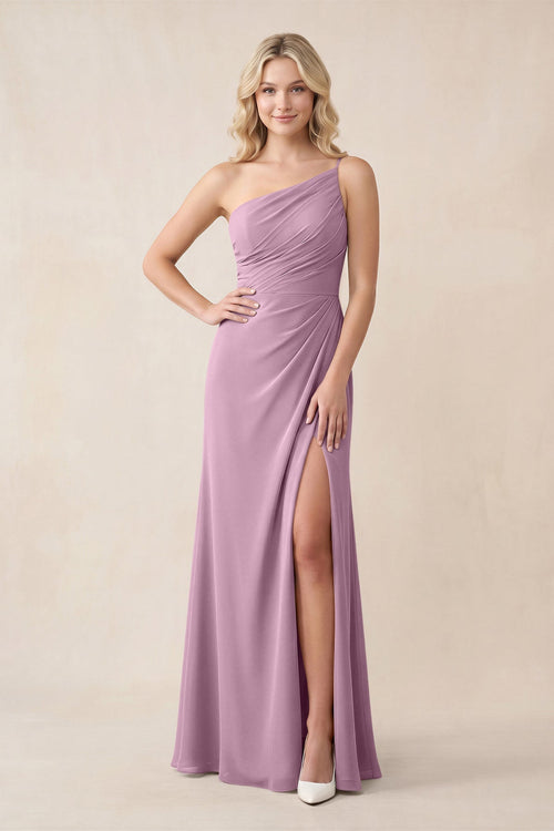 One - Shoulder Sheath Chiffon Ruched Bridesmaid Dress in Wisteria - KissProm Bridesmaid Dresses