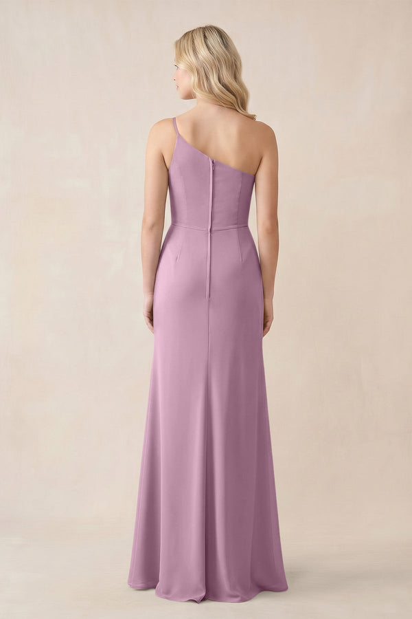 One - Shoulder Sheath Chiffon Ruched Bridesmaid Dress in Wisteria - KissProm Bridesmaid Dresses
