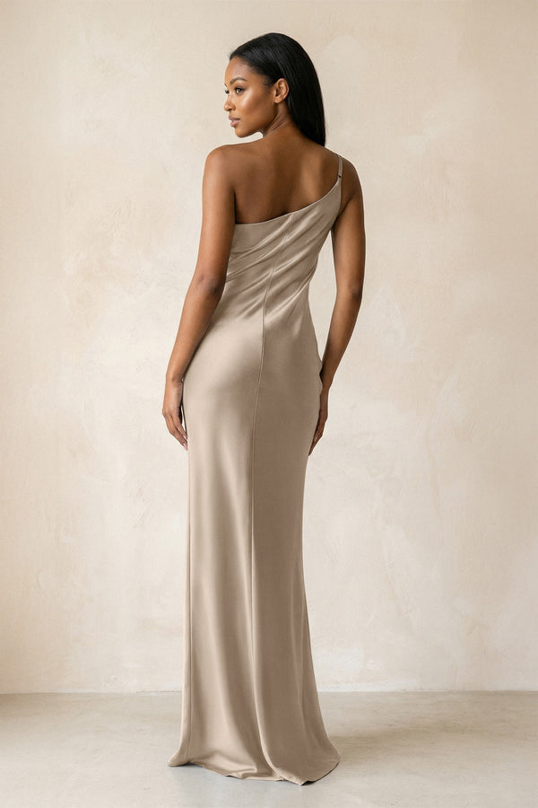 One - Shoulder Sheath Ruched Bridesmaid Dress in Almond - KissProm Bridesmaid Dresses